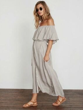 Faithfull the Brand Light Gray striped Off-the-Shoulder Ruffle Maxi Dress